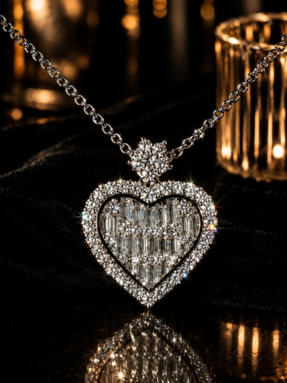 Silver Crystal Heart Pendant Necklace Baguette Style Women’s Jewelry